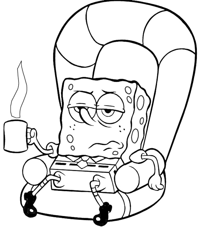 Раскраска Губка Боб сидит в кресле с чашкой кофе и видеоконтроллером