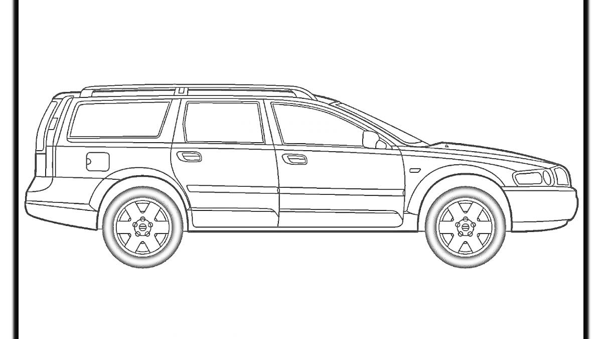 Раскраска Контур универсала Volvo с боковым видом, включая двери, колеса, зеркала, боковые окна и багажник на крыше.