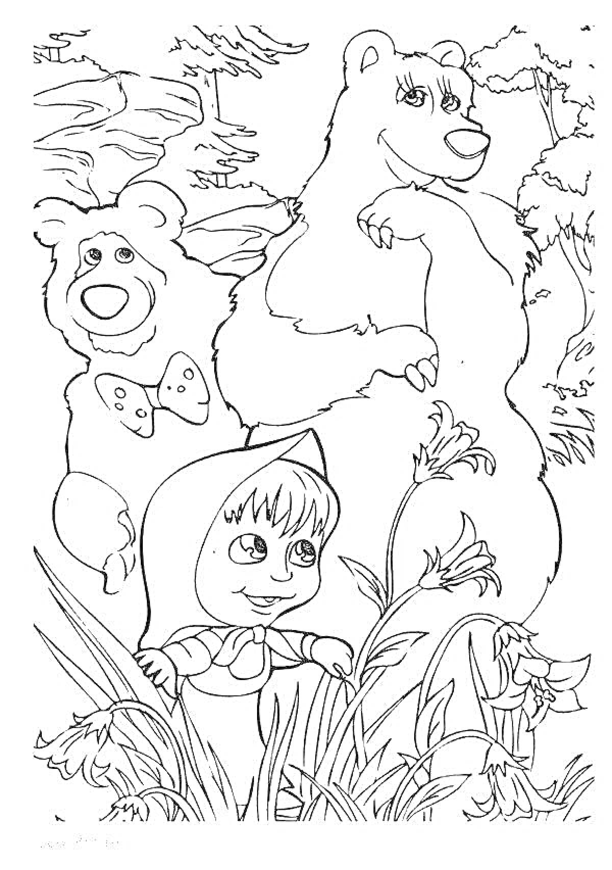 На раскраске изображено: Маша и Медведь, Лес, Цветы, Природа