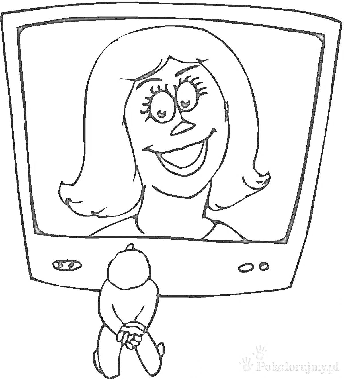 Раскраска ребёнок смотрит телевизор с изображением улыбающейся женщины