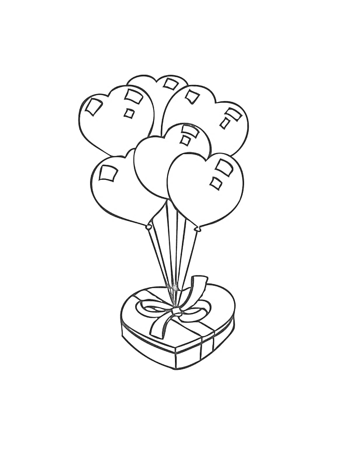 Раскраска Воздушные шарики в форме сердца с подарочной коробкой