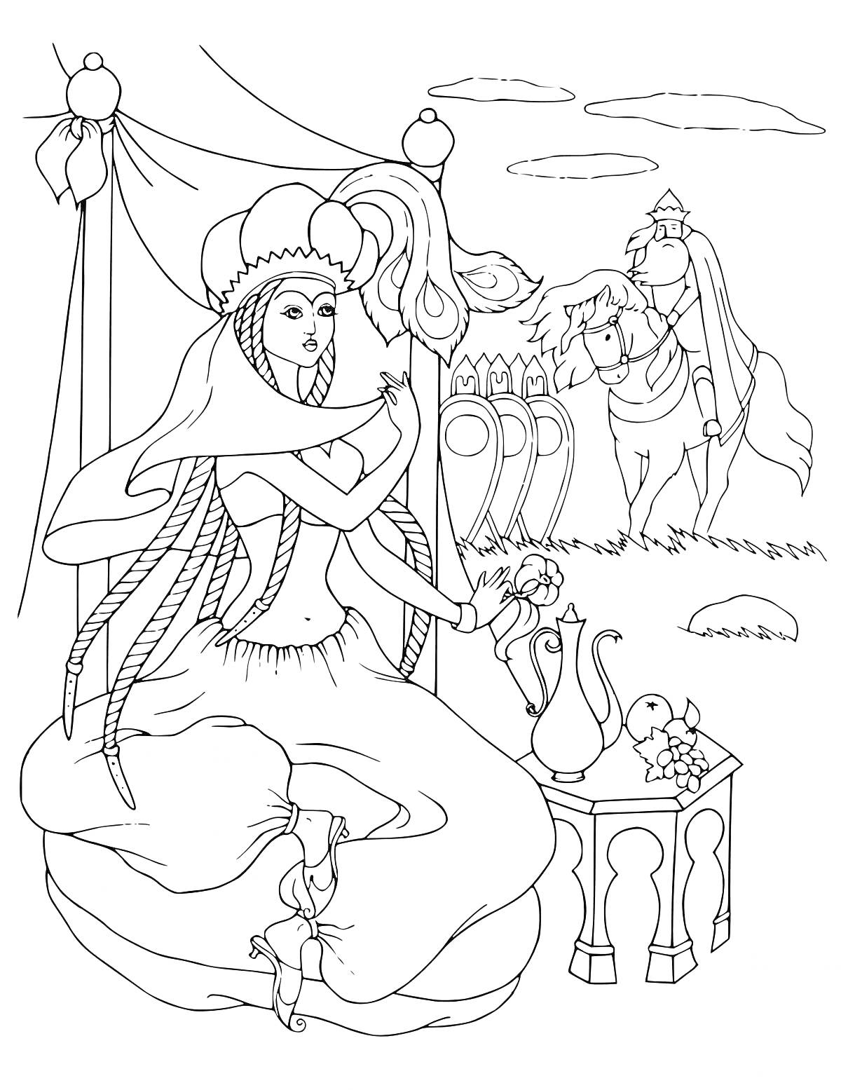 Раскраска Царица Шамаханская сидит на подушках перед шатром, царь на коне и стража на заднем плане