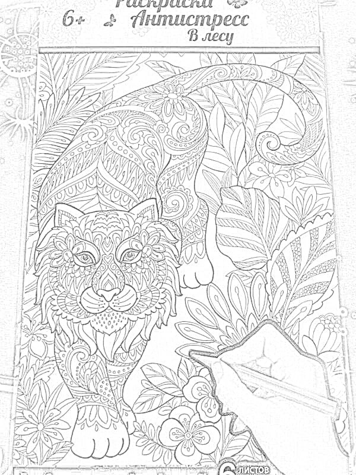 На раскраске изображено: Антистресс, Тигр, Листья, Цветы, Лес, Животные