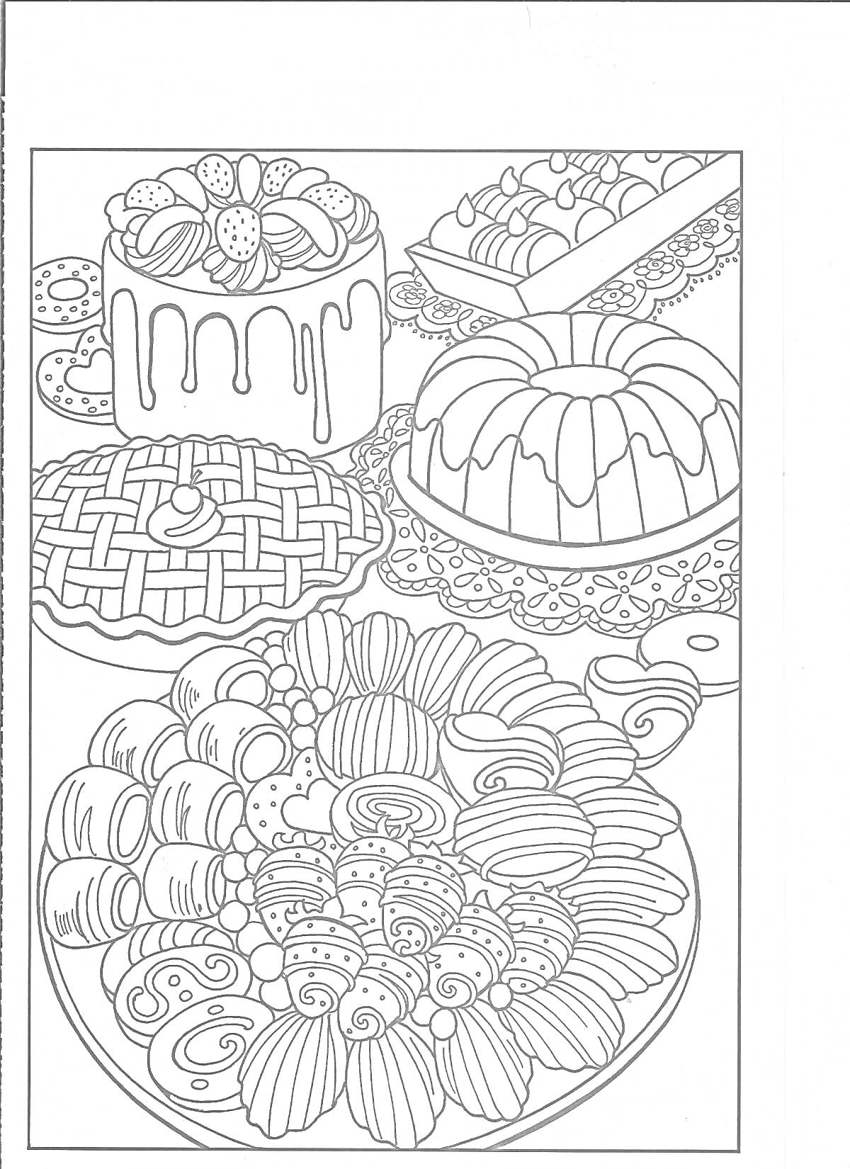 Раскраска Торт с клубникой, булочки, пирог с решетчатой корочкой, шоколадные печенья, кольцевой кекс, пирожные