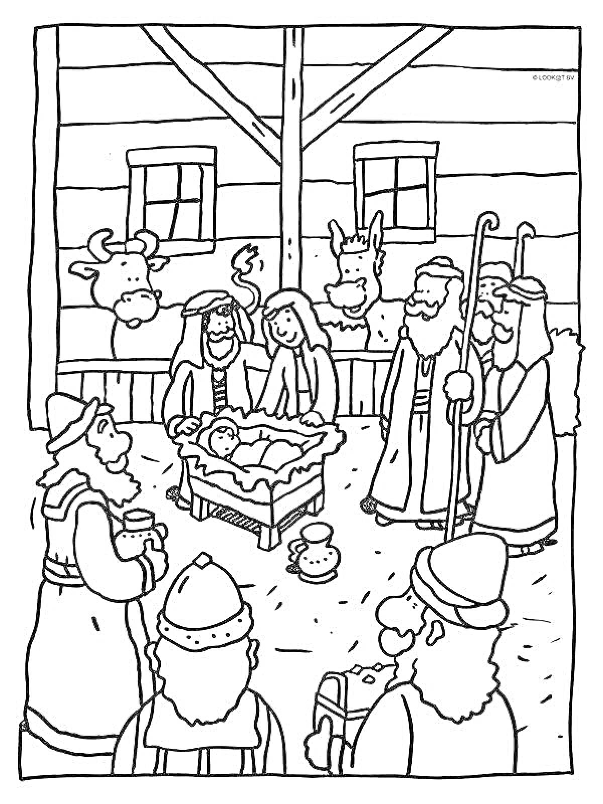 Раскраска Рождественская история со сценой рождения младенца Иисуса с родителями в хлеву, с пастухами, волхвами, младенцем в яслях и животными