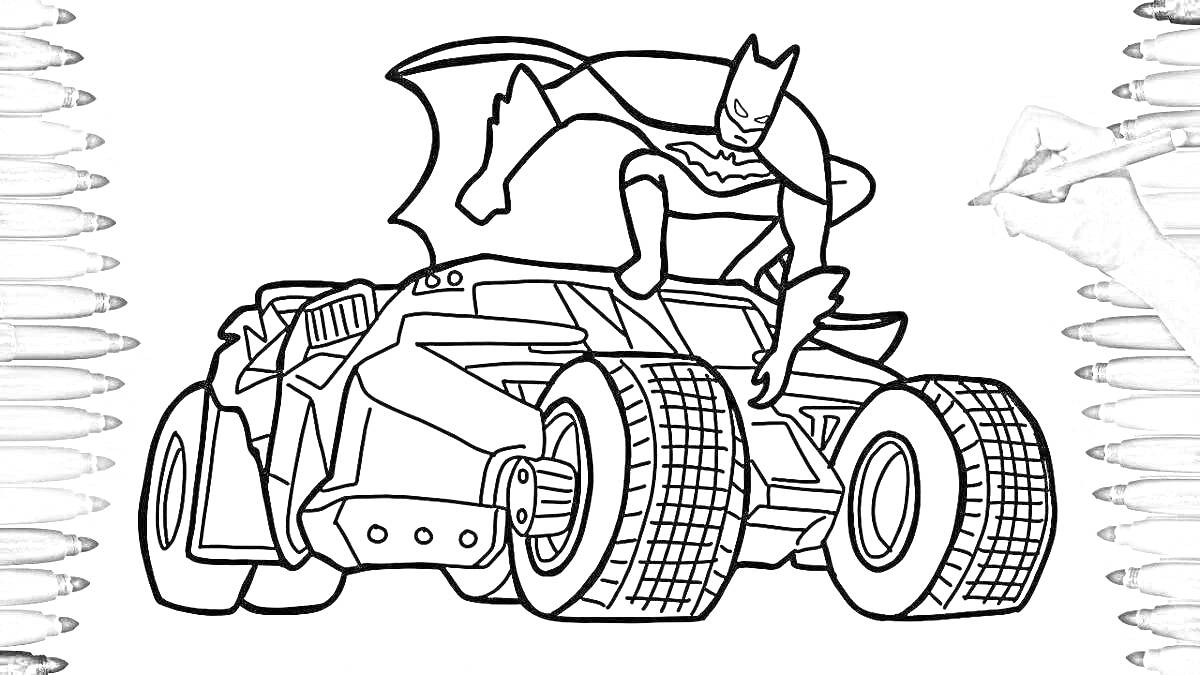 Раскраска Машина пожиратель с супергероем на крыше, карандаши по бокам, рука рисующие справа