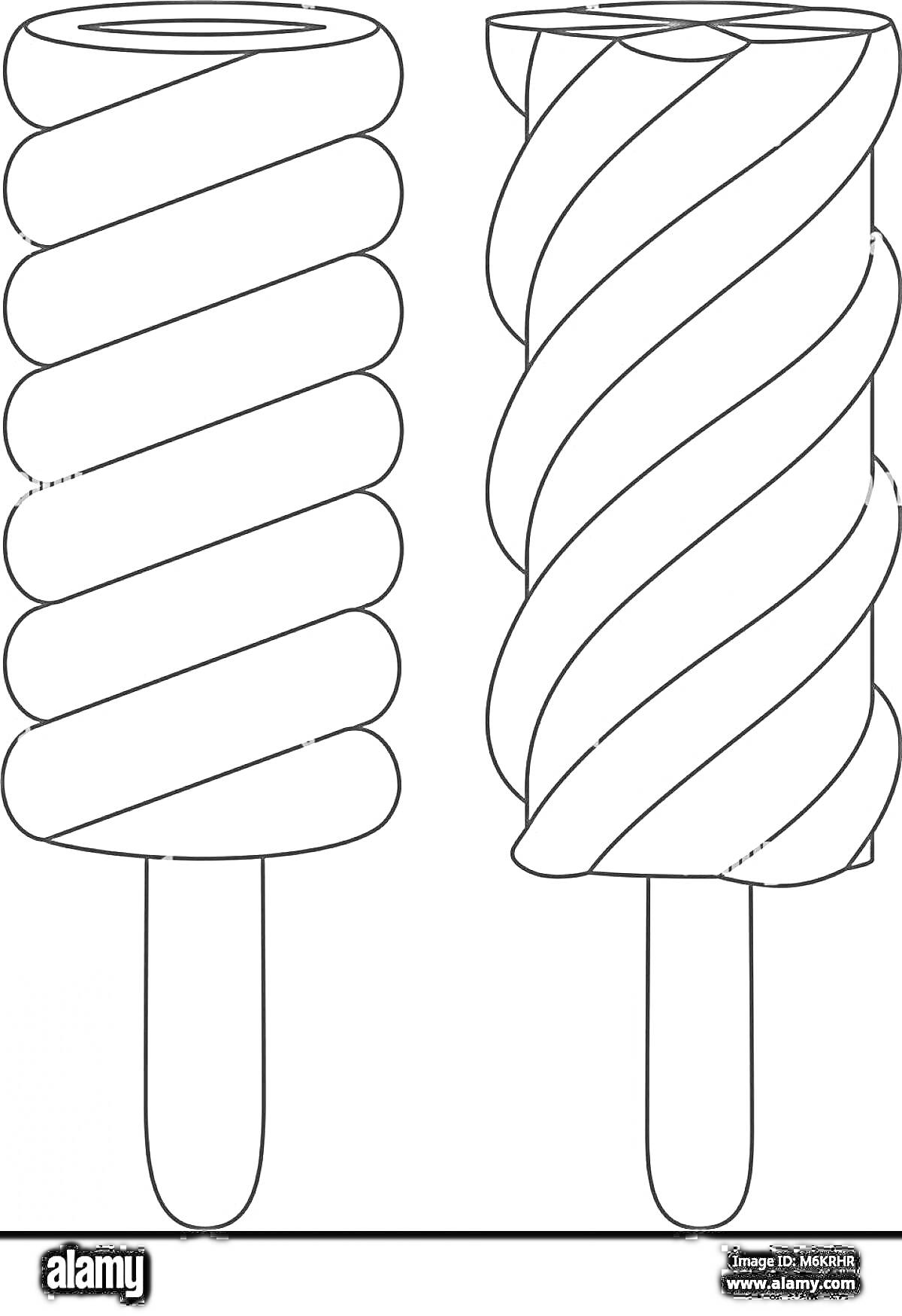 Раскраска Два фруктовых льда на палочке с вертикальными спиральными узорами
