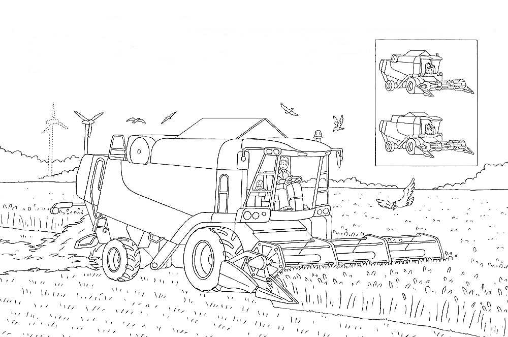 Раскраска Комбайн в поле с пшеницей и птицами, вдалеке - деревья и ветряные мельницы, два дополнительных изображения комбайнов справа