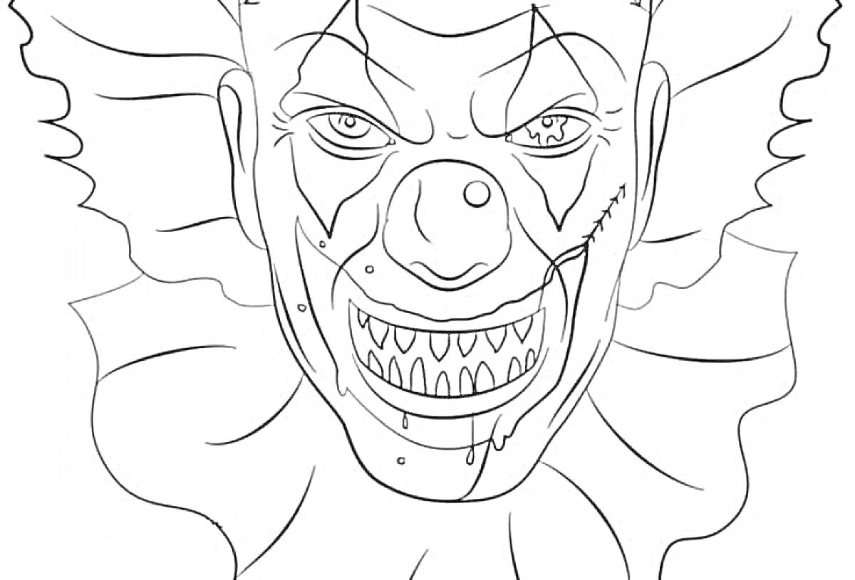 Раскраска Пеннивайз с жуткой ухмылкой и острыми зубами, разрисованное лицо с клоунским гримом