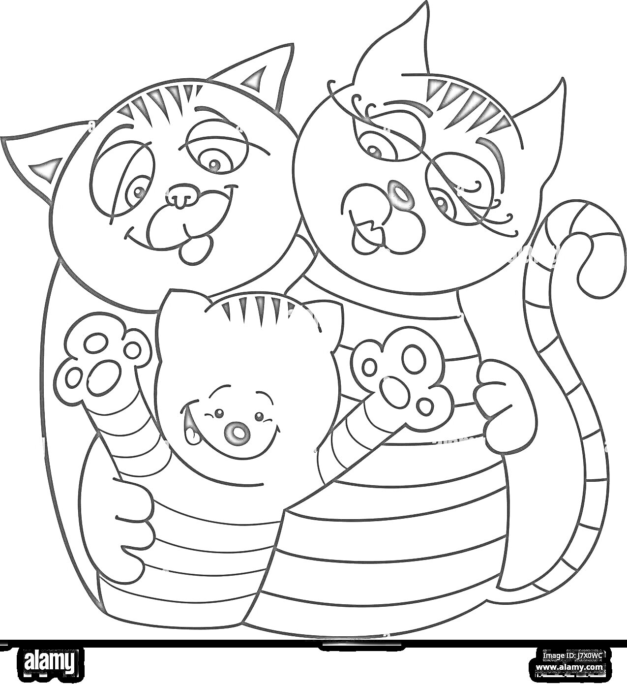 Раскраска Семья котов (папа, мама и котенок в обнимку, полосатые)