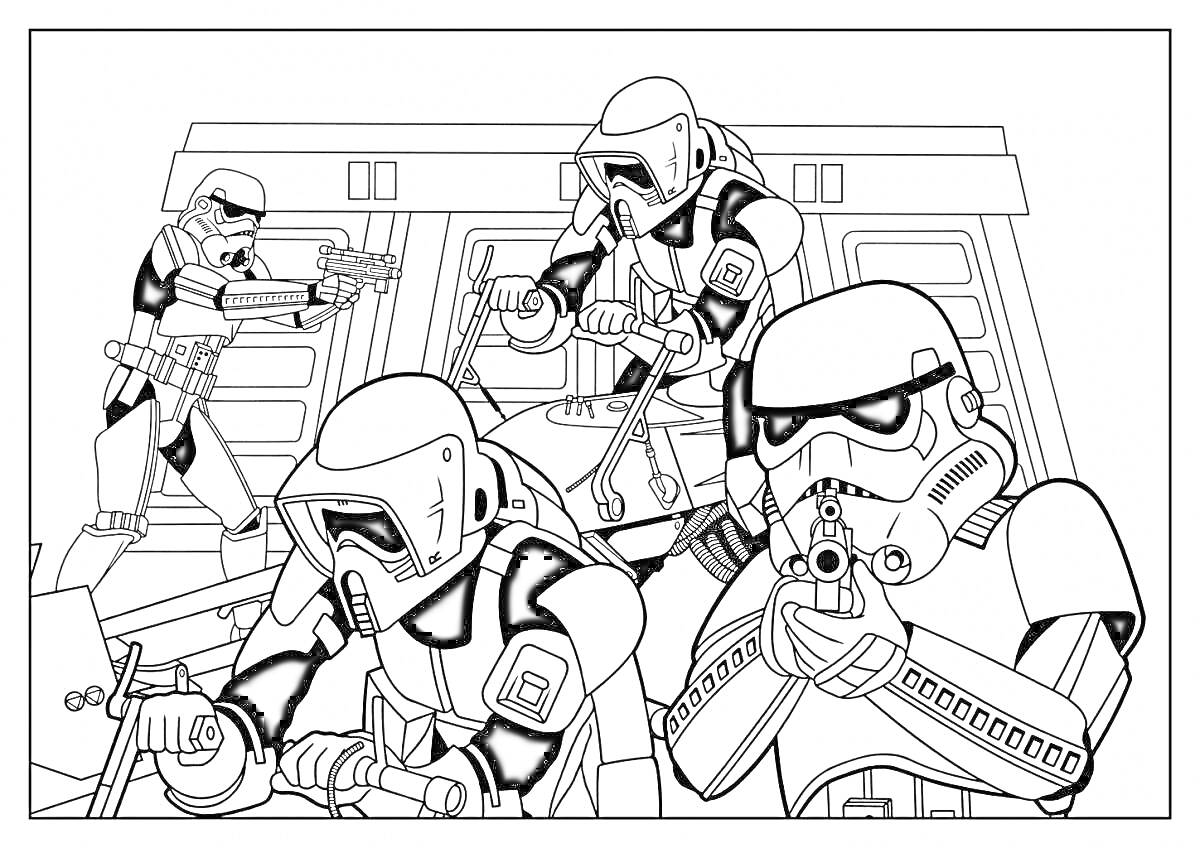 На раскраске изображено: Бой, Оружие, Броня, Фантастика, Космос