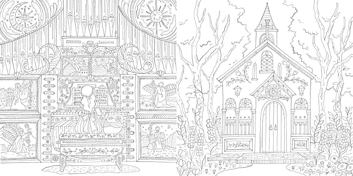 РаскраскаЭлегантный интерьер с антиквариатом и церковь в лесу