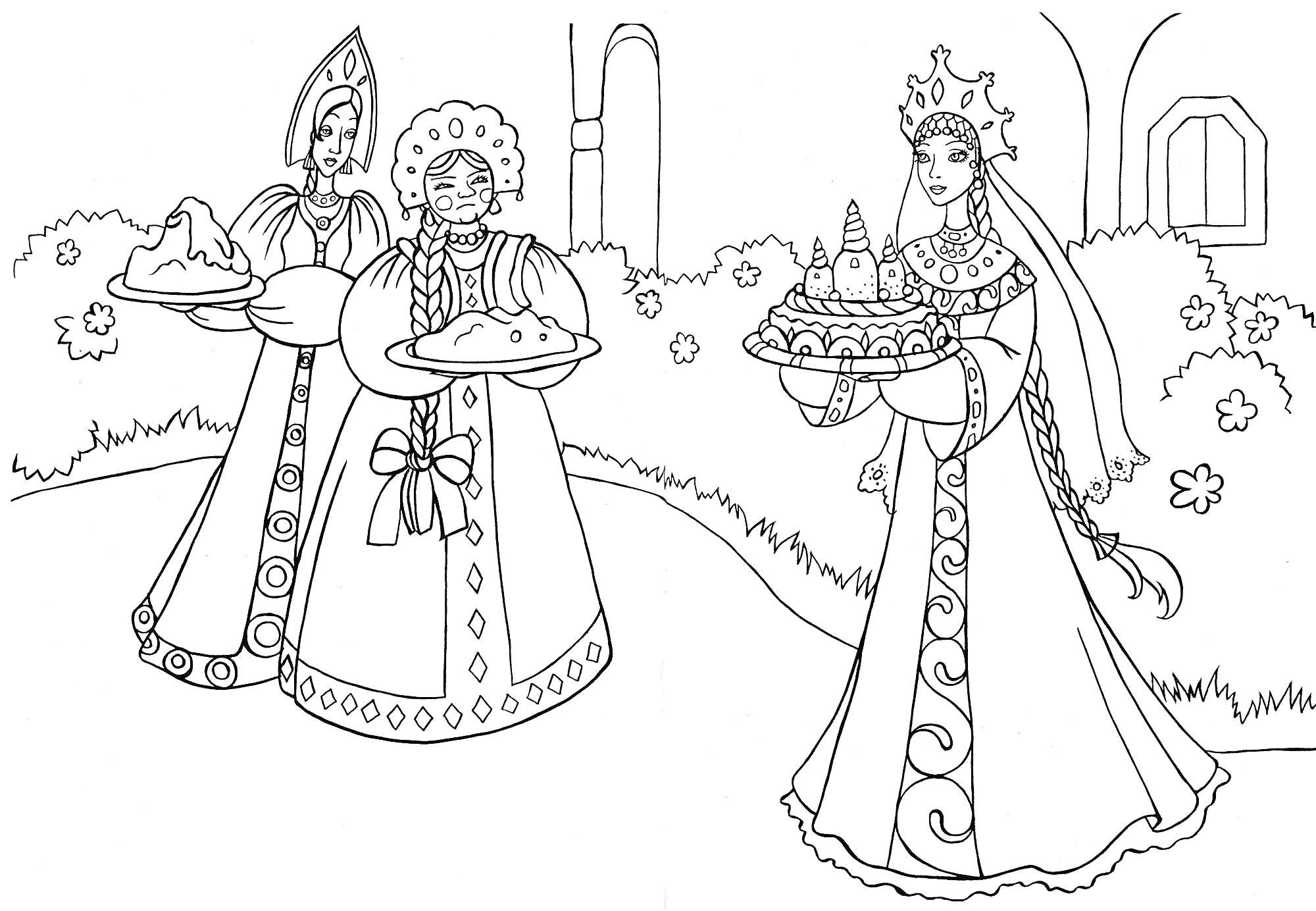 Раскраска Три царевны с блюдами на фоне дворца