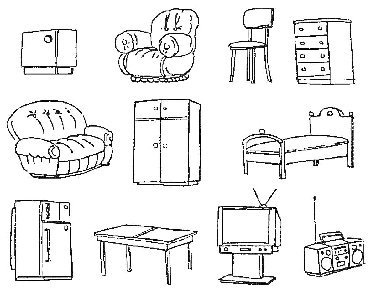 Раскраска Набор мебели для детей с креслом, стулом, комодом, диваном, шкафом, кроватью, холодильником, столом, телевизором и радио.