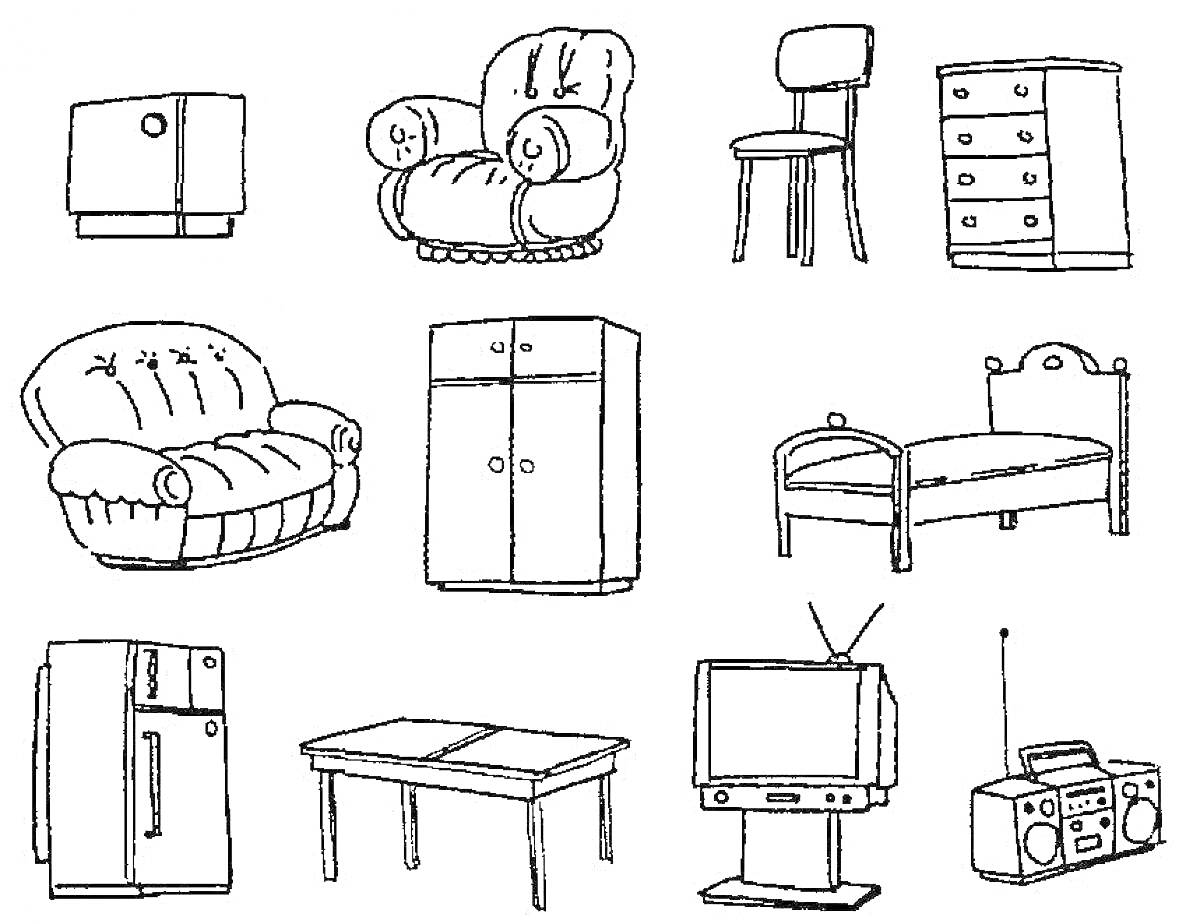 На раскраске изображено: Мебель, Кресло, Стул, Комод, Диван, Шкаф, Холодильник, Стол, Телевизор, Радио, Для детей, Кровати
