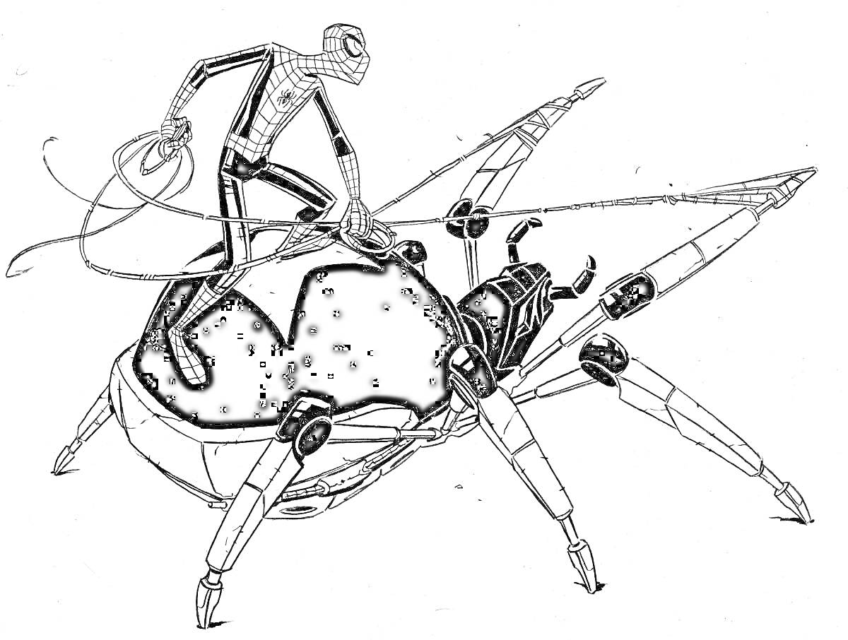 Раскраска Человек-паук верхом на роботе пауке, с паутиной в руке