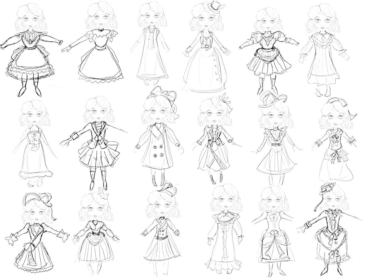 Раскраска Девочки в разных стилях одежды, включая платье со шляпкой, платье с корсетом, наряды в стиле лолита, современная одежда с пуговицами, балетные костюмы, платья с бантами, блузы с юбками, наряды с плащами, костюмы с поясами и аксессуарами