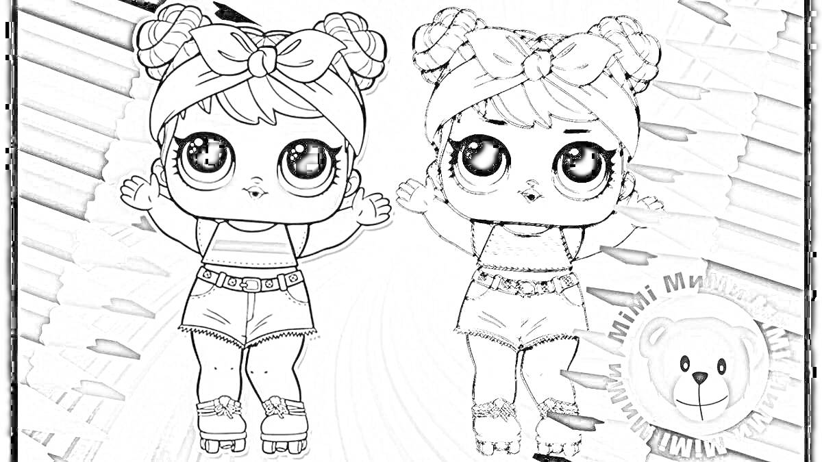 Раскраска Две куклы ЛОЛ с бантиками на голове, в футболках и шортах, на роликовых коньках, на фоне узорчатых линий и медвежонка.