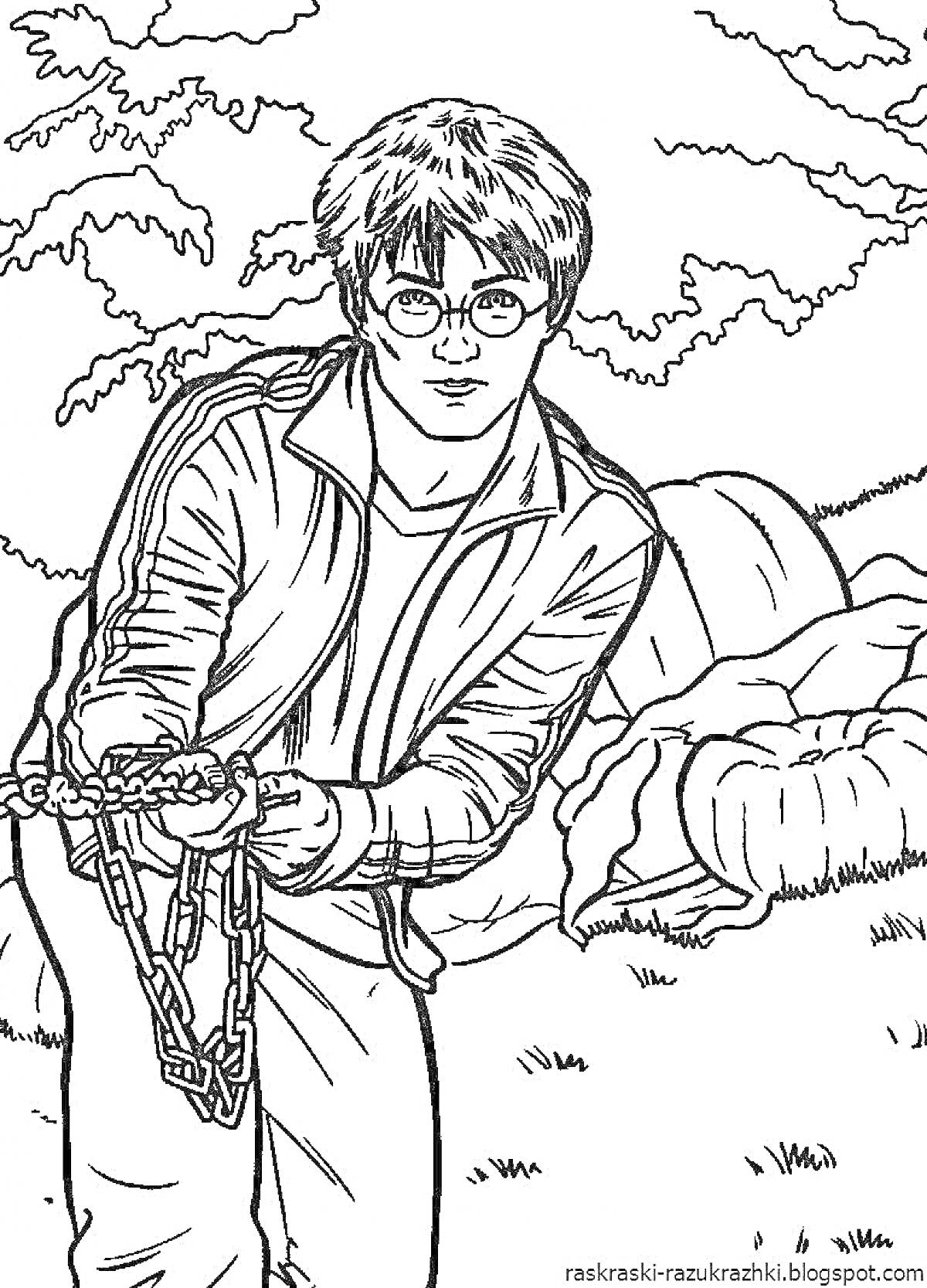 Раскраска Мальчик в очках с цепью на фоне кустов и тыквы