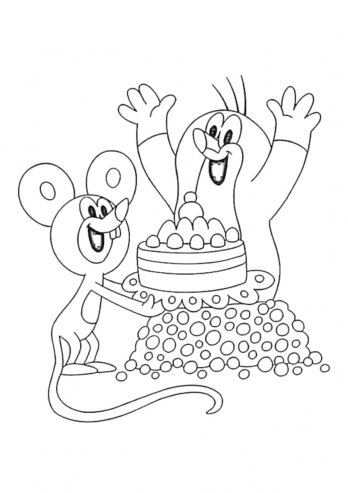 Раскраска Крот и мышь с тортом на фоне россыпи камней