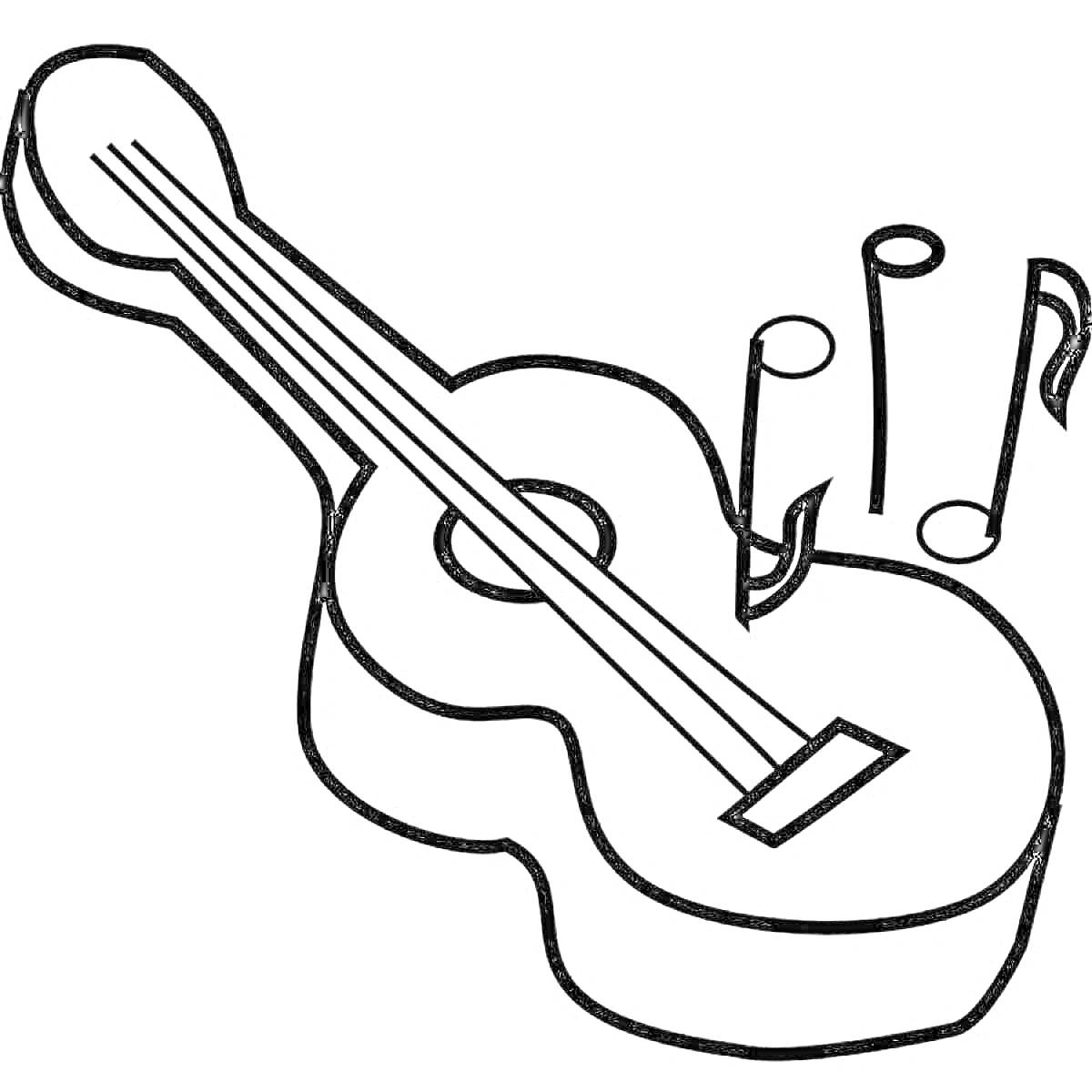 На раскраске изображено: Гитара, Ноты, Музыкальный инструмент, Музыка, Струны, Контурные рисунки