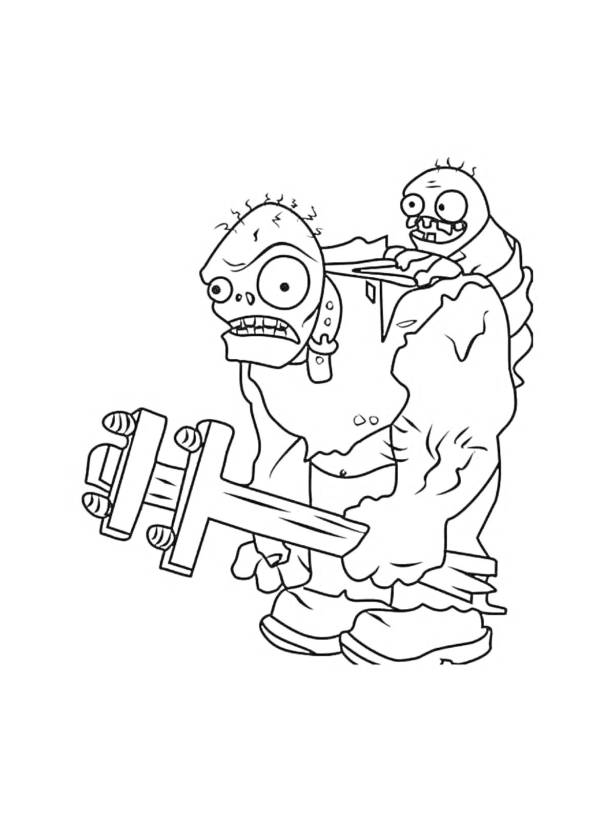 Раскраска Зомби с кувалдой и маленьким зомби на спине