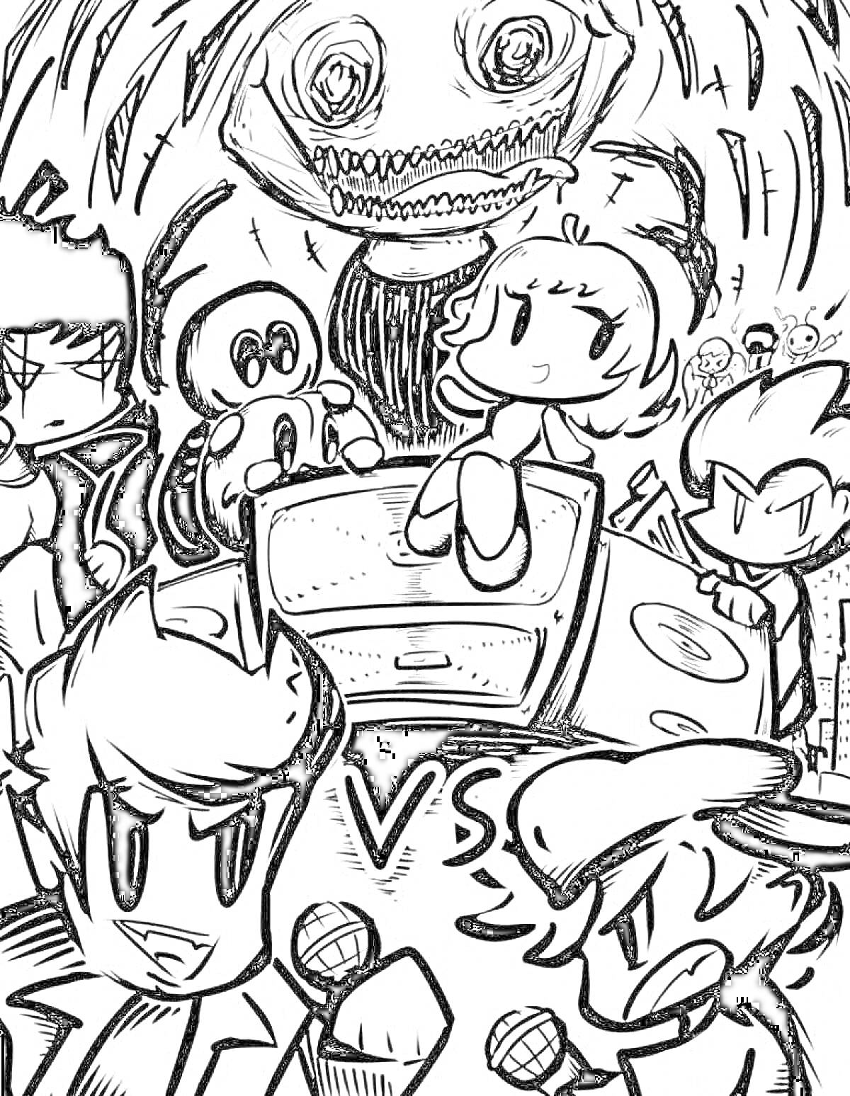 Раскраска Черно-белая раскраска с персонажами и микрофонами из Фредди Найт Фанкин, девочкой на колонке, загадочным большим существом и символом VS