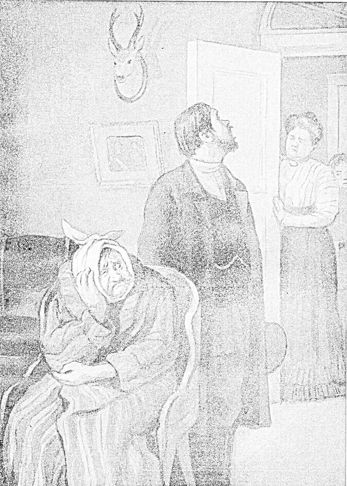 На раскраске изображено: Мужчина, Женщина, Пожилая женщина, Дверь, Рога, Комната, Интерьер