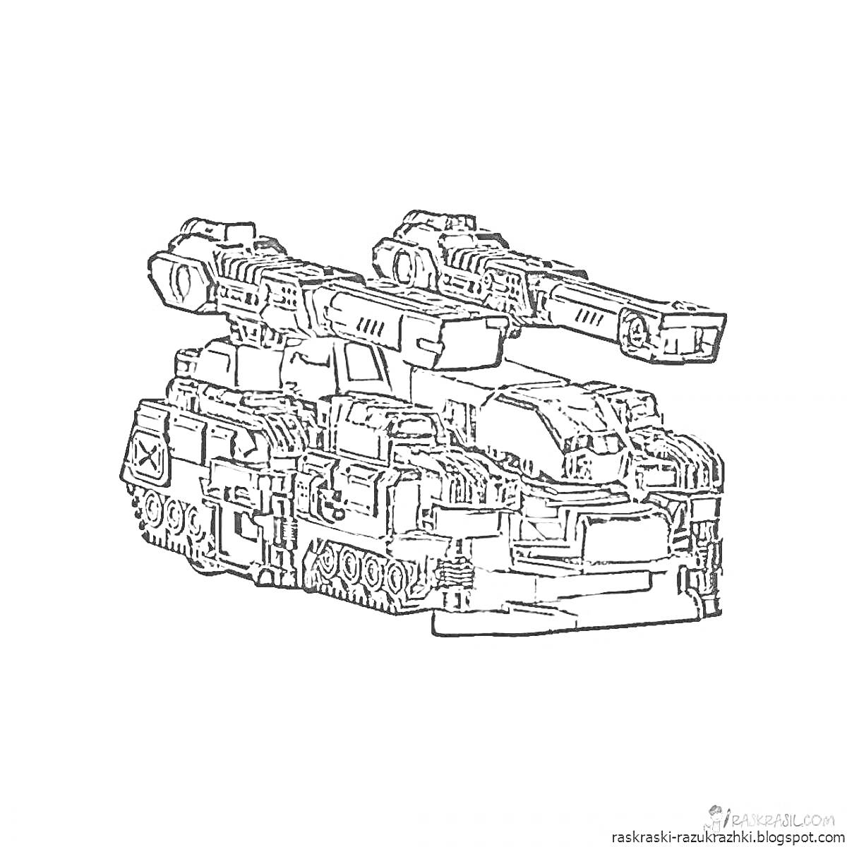 Раскраска Военный танк с пушками