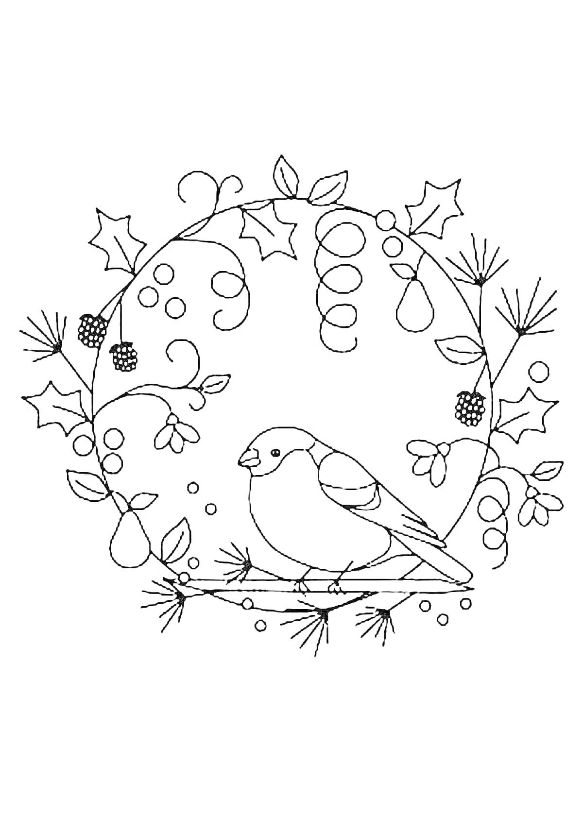 Раскраска снегирь на ветке с декором из листьев, ягод, шишек и веточек