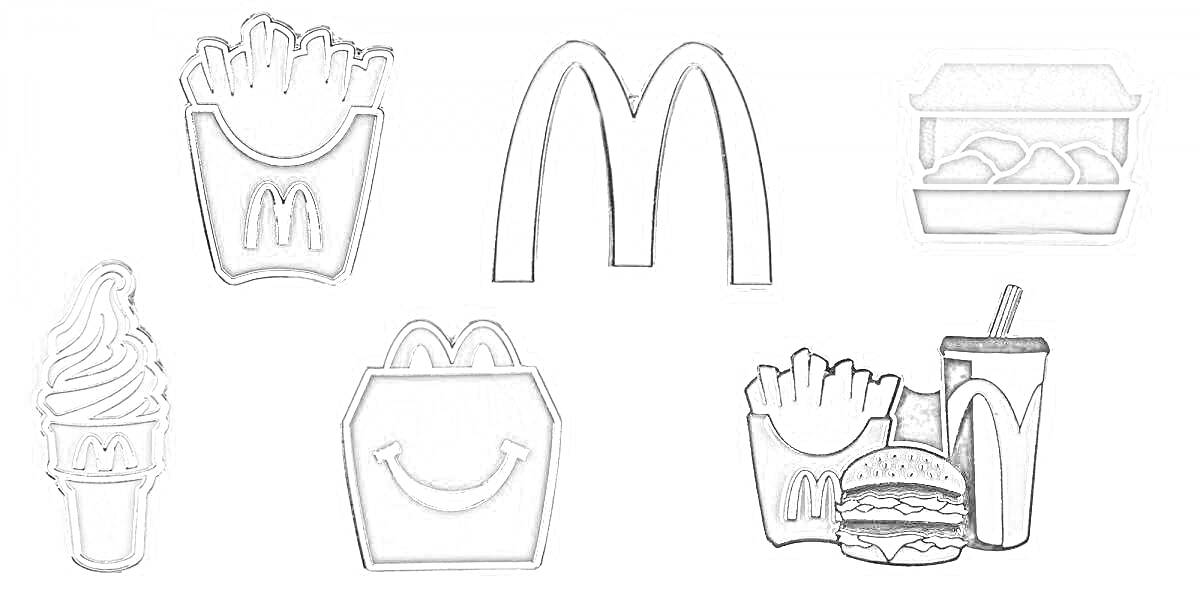 Раскраска Картофель фри, мороженое, Happy Meal, логотип McDonald's, наггетсы, бургер с картофелем фри и напитком