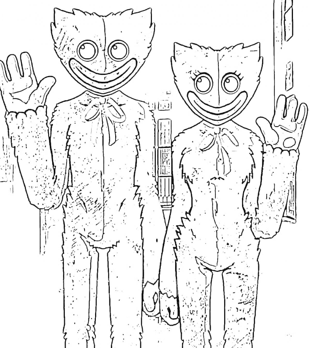 Раскраска силуэты двух антропоморфных фигур с длинными конечностями, держащихся за руки и поднимающих одну руку в приветственном жесте, с улыбками на лицах и силуэтами зданий на заднем плане.