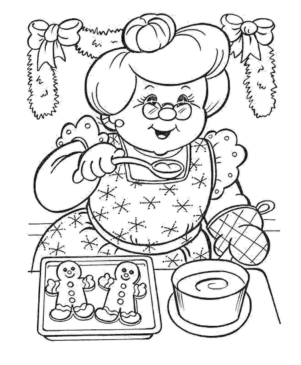 Раскраска Бабушка делает печенье, висячие украшения в виде лент и еловых ветвей, чашка с напитком, противень с имбирными человечками, прихватка, очки