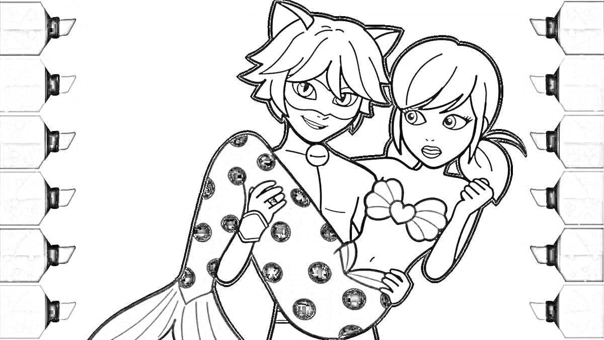 Раскраска Кот в маске держит девушку-русалку с бантиком