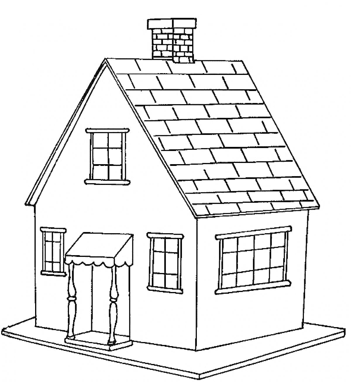 Раскраска Дом с черепичной крышей, крыльцом, двумя окнами на фронтальной стене, каминной трубой и большими окнами на боковой стене