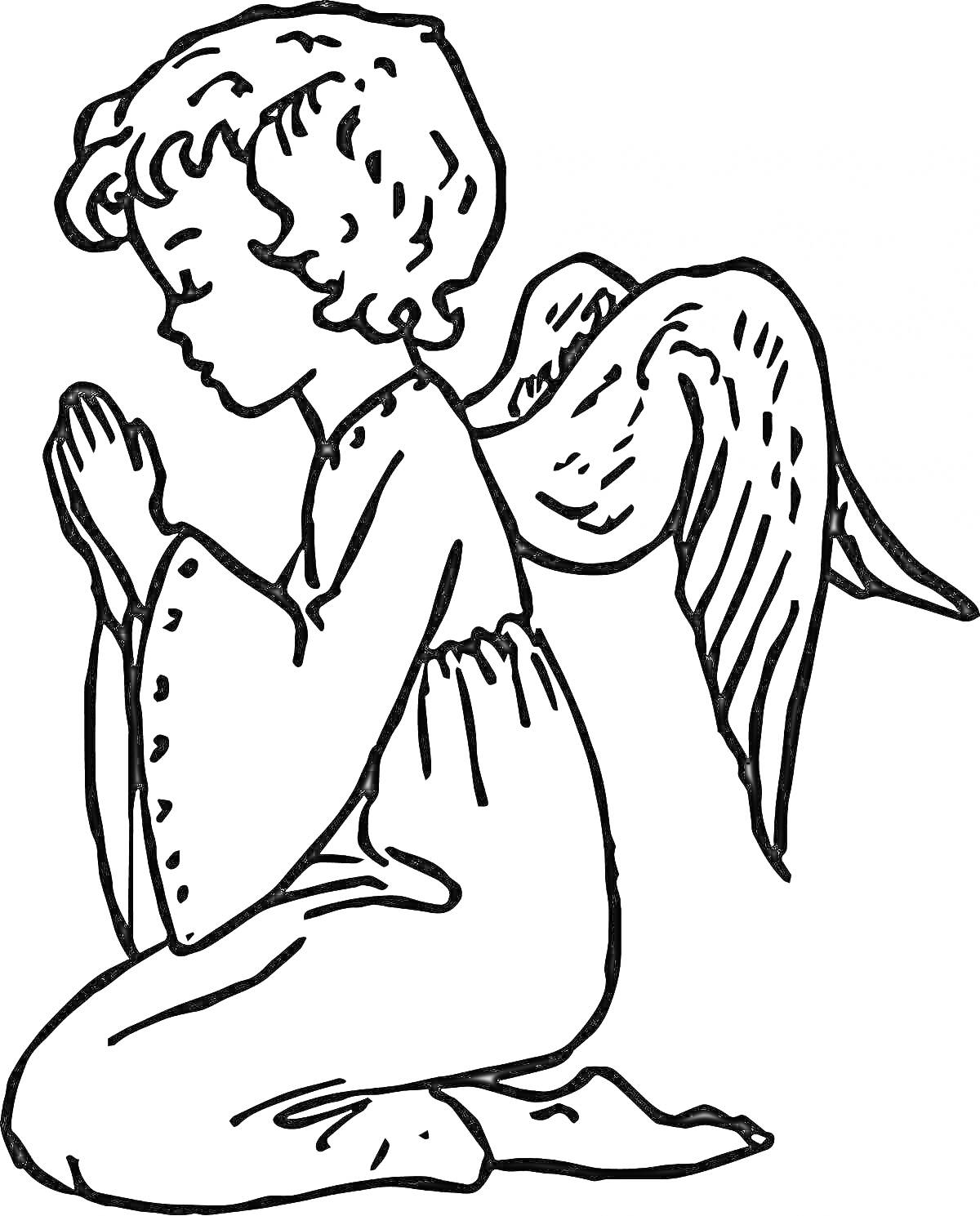 На раскраске изображено: Ангел, На коленях, Крылья, Ребёнок, Религия, Духовность, Молитва