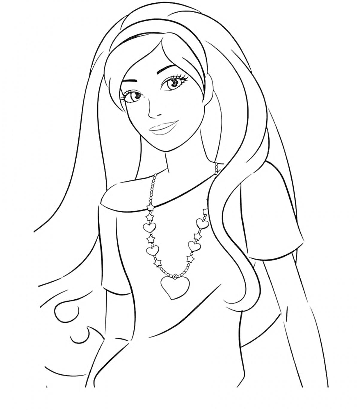 Раскраска Девушка с длинными волосами и ожерельем с сердечком