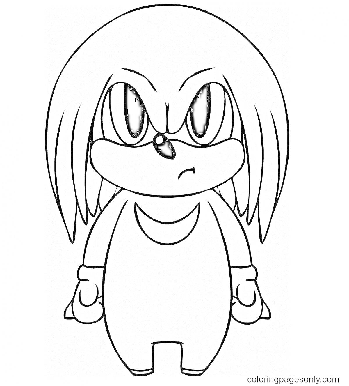 Раскраска с изображением сердитого персонажа с длинными висячими косичками и длинным туловищем.
