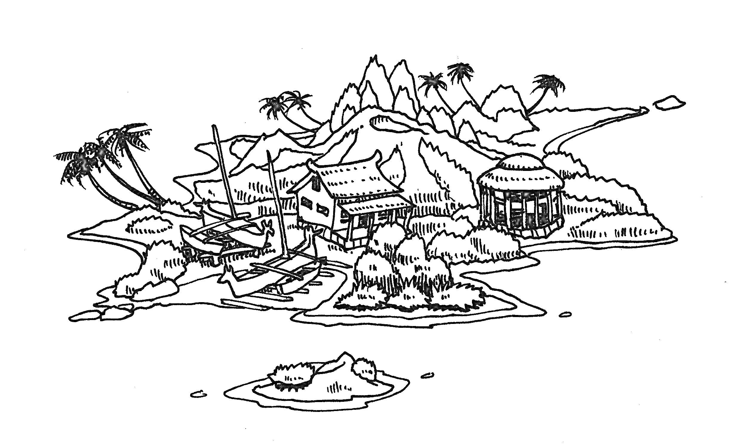РаскраскаОстров с горами, пальмами, домиками и лодкой