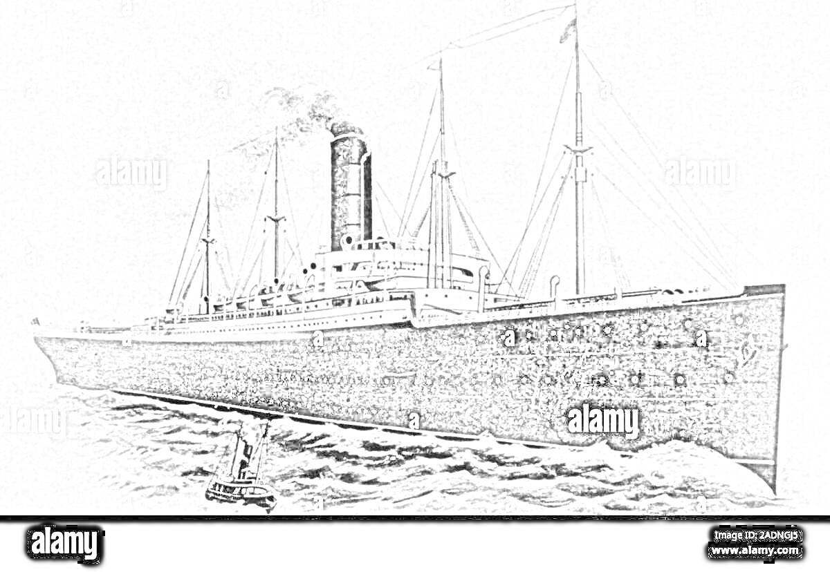 На раскраске изображено: Корабль, Карпатия, Лайнер, Море, Волны, Пар, Дым