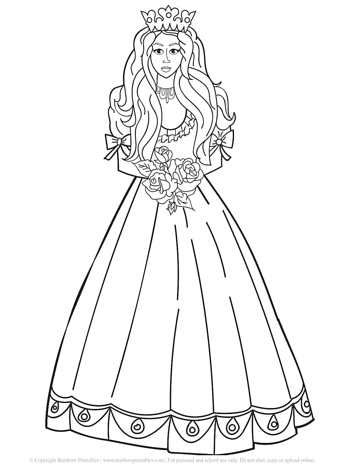 Раскраска Принцесса в длинном платье с короной на голове и букетом в руках