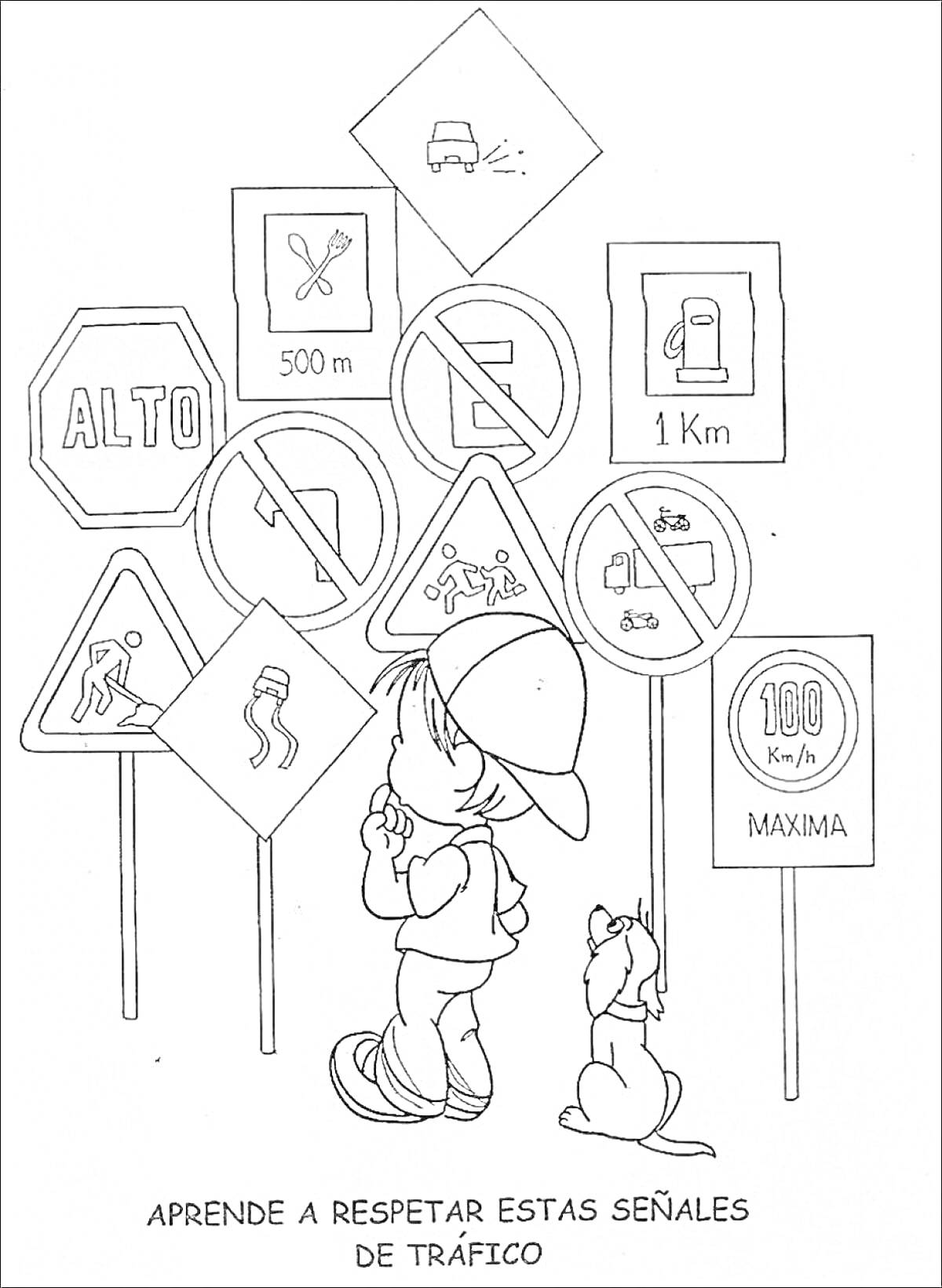 На раскраске изображено: Дорожные знаки, Ребенок, Собака, Остановка, Велосипед, Змеи, Обгон запрещен, Пешеходный переход, Животные, Ограничение скорости, Безопасность