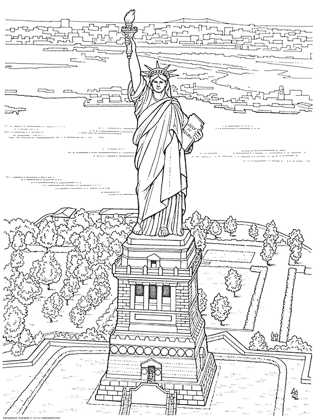 На раскраске изображено: Статуя Свободы, Постамент, Вода, Парк, Архитектура, США