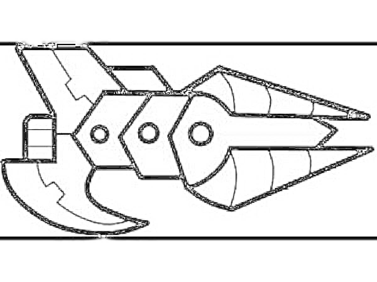 РаскраскаГеометрическая фигура в форме корабля с тремя соединенными сегментами и острыми наконечниками