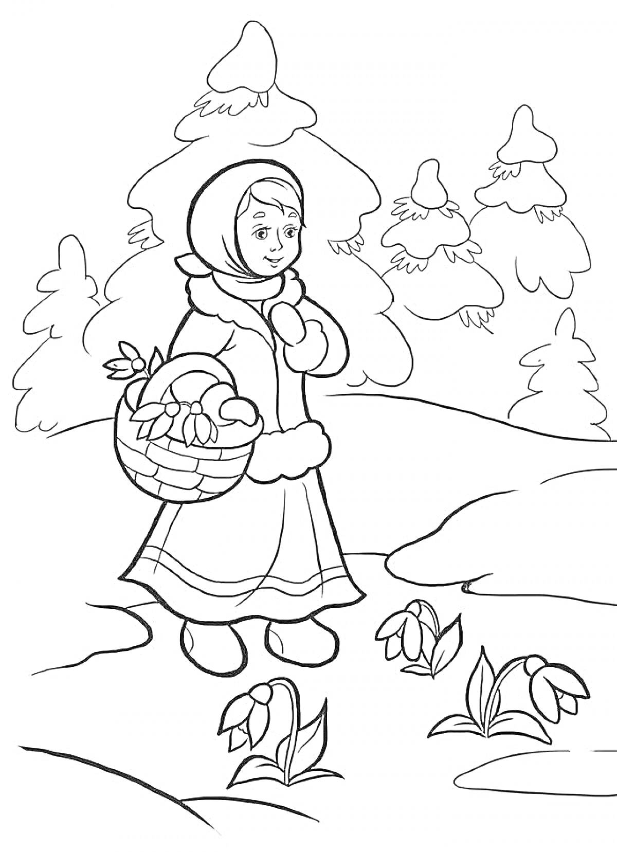 Раскраска Девочка с корзиной и подснежниками в зимнем лесу