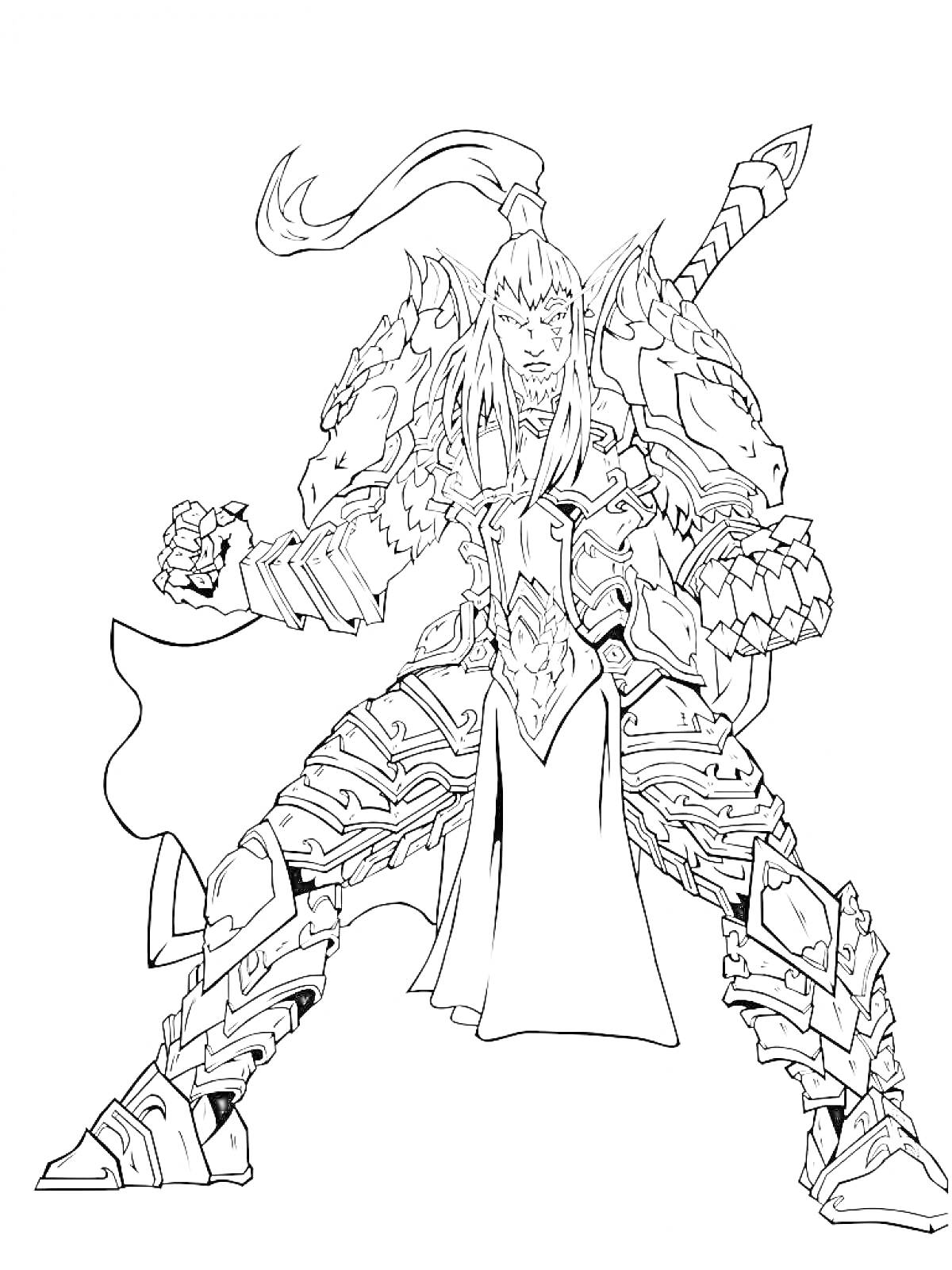 Раскраска Воин в броне с длинными волосами и мечом за спиной, стоящий в боевой позе