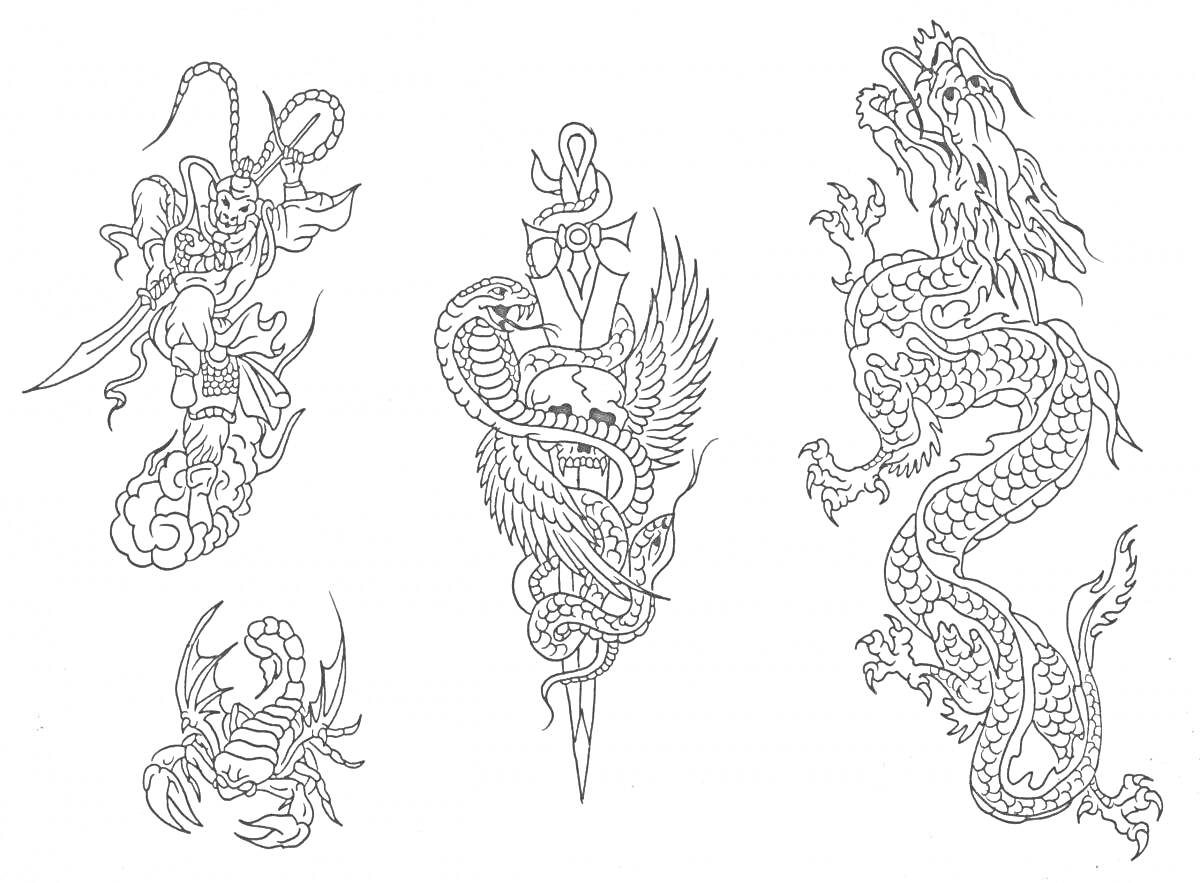 На раскраске изображено: Самурай, Скорпион, Крылья, Дракон, Фэнтези, Восток, Животные