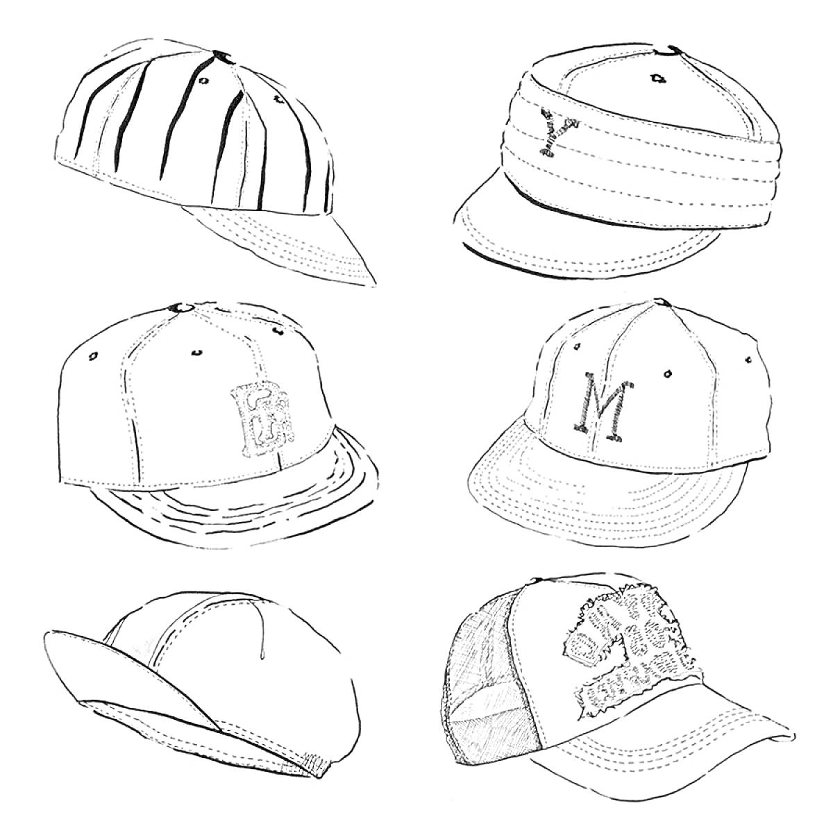 Разнообразные кепки с буквами и рисунком