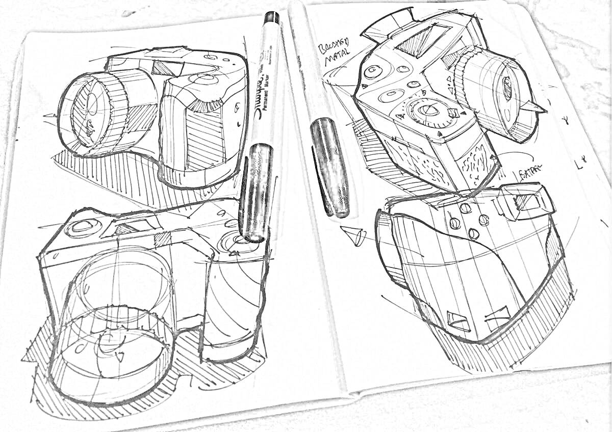 Раскраска эскизы фотоаппаратов в блокноте рядом с двумя маркерами