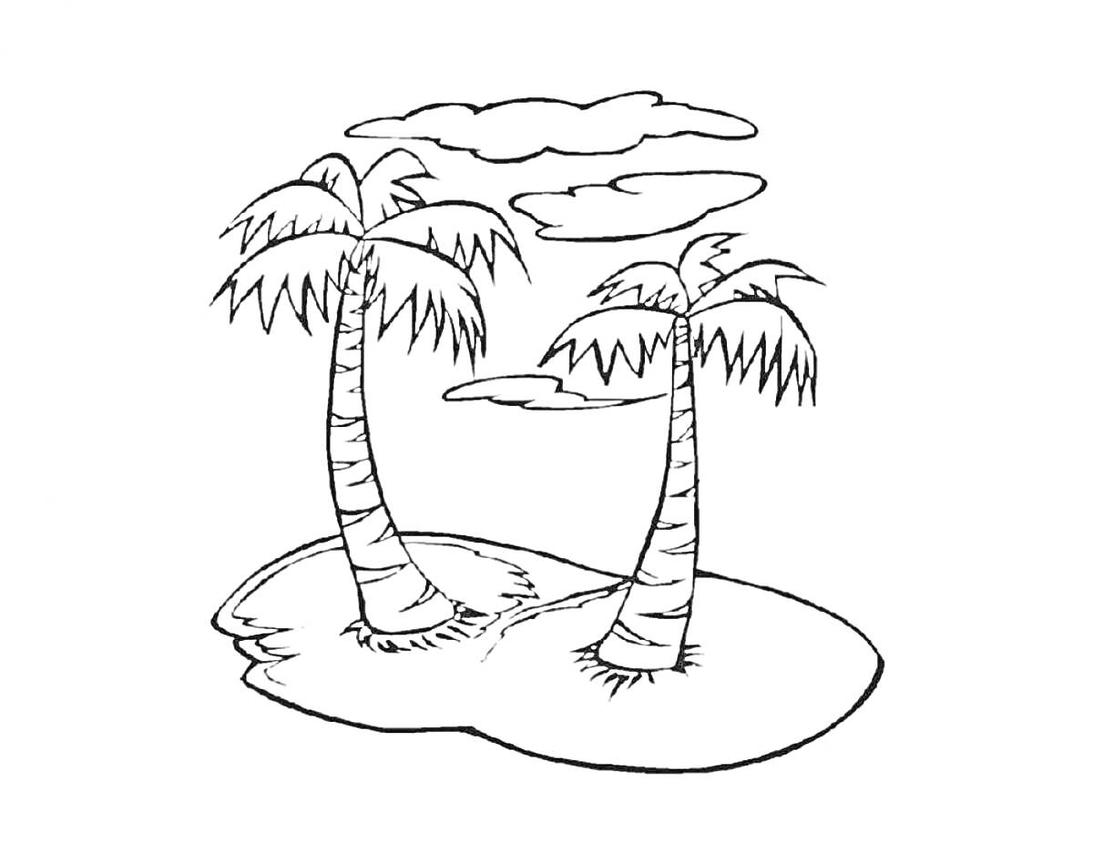 На раскраске изображено: Пальмы, Остров, Облака, Природа, Пляж, Тропики, Деревья, Контурные рисунки
